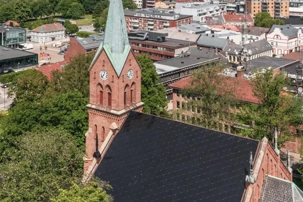 Neo-Gothic Church (Sarpsborg, Norway) with SunStyle Solar Roof Sarpsborg showing side view