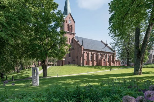 Neo-Gothic Church (Sarpsborg, Norway) with SunStyle Solar Roof Sarpsborg showing side view