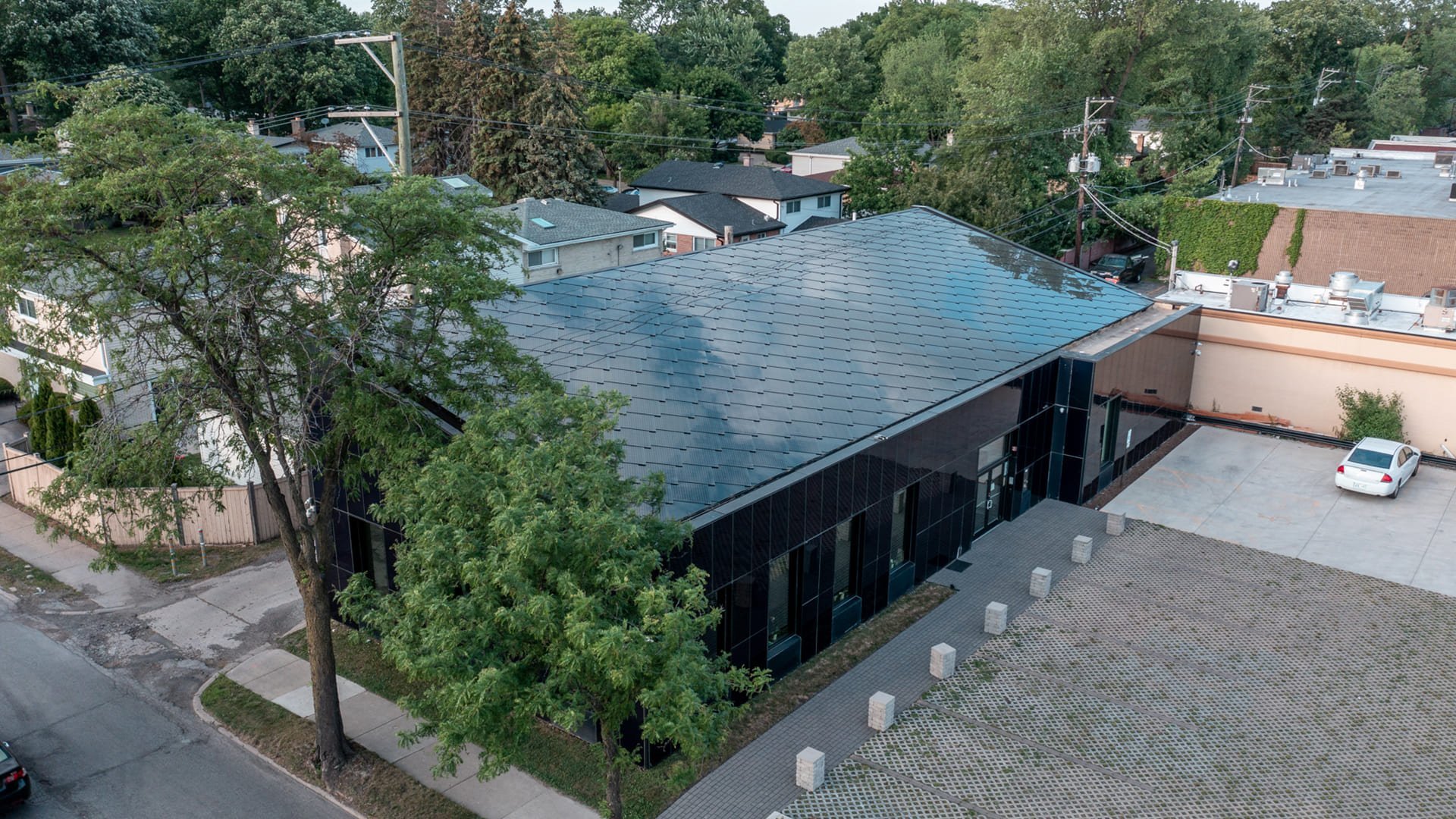 SunStyle solar tiles on a sustainable commercial bank in Skokie, Illinois USA which generates enough electricity to power the bank