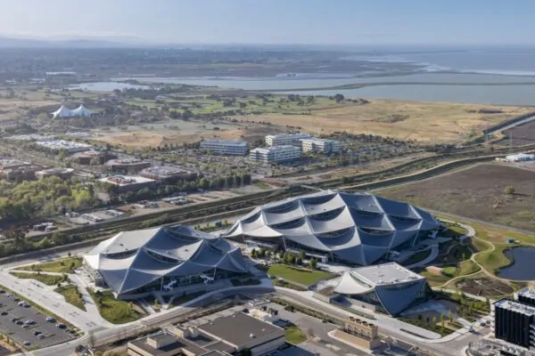 An aerial photo of Bay View in the foreground with parts of Google's Mountain View campus in the distance as well as the San Francisco Bay. Dragonscale | SunStyle